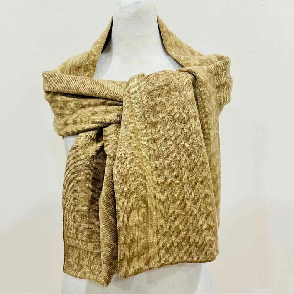 Michael Kors MK Signature Logo Gold‎ Glitter Scarf Designer 11x64